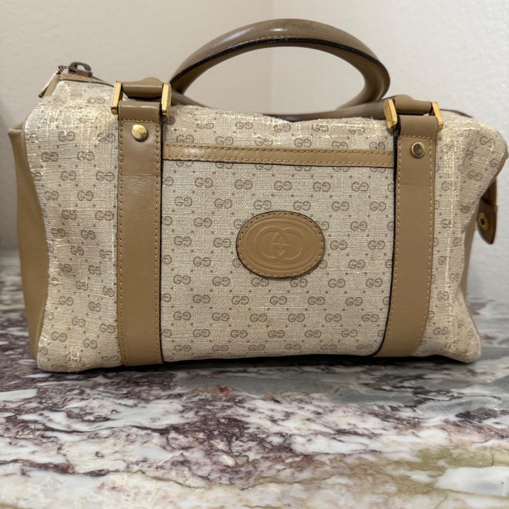 Vintage Gucci GG Monogram Boston Bag Tan Leather Trim top handle FLAW - Picture 2 of 16